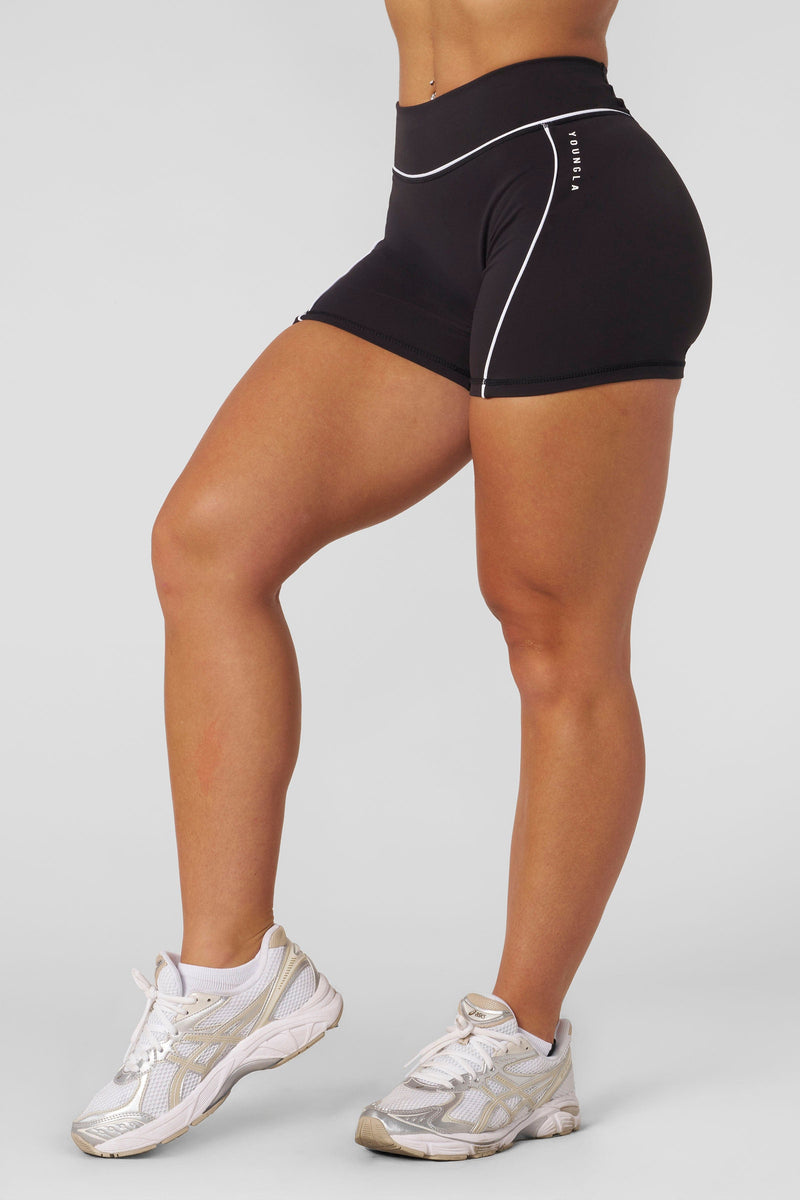 W161 - Elevate outline Shorts 5" New Colors - Women's compressive workout shorts in smooth brushed fabric that stay-in-place fit, perfect for gym in colour Black/White.