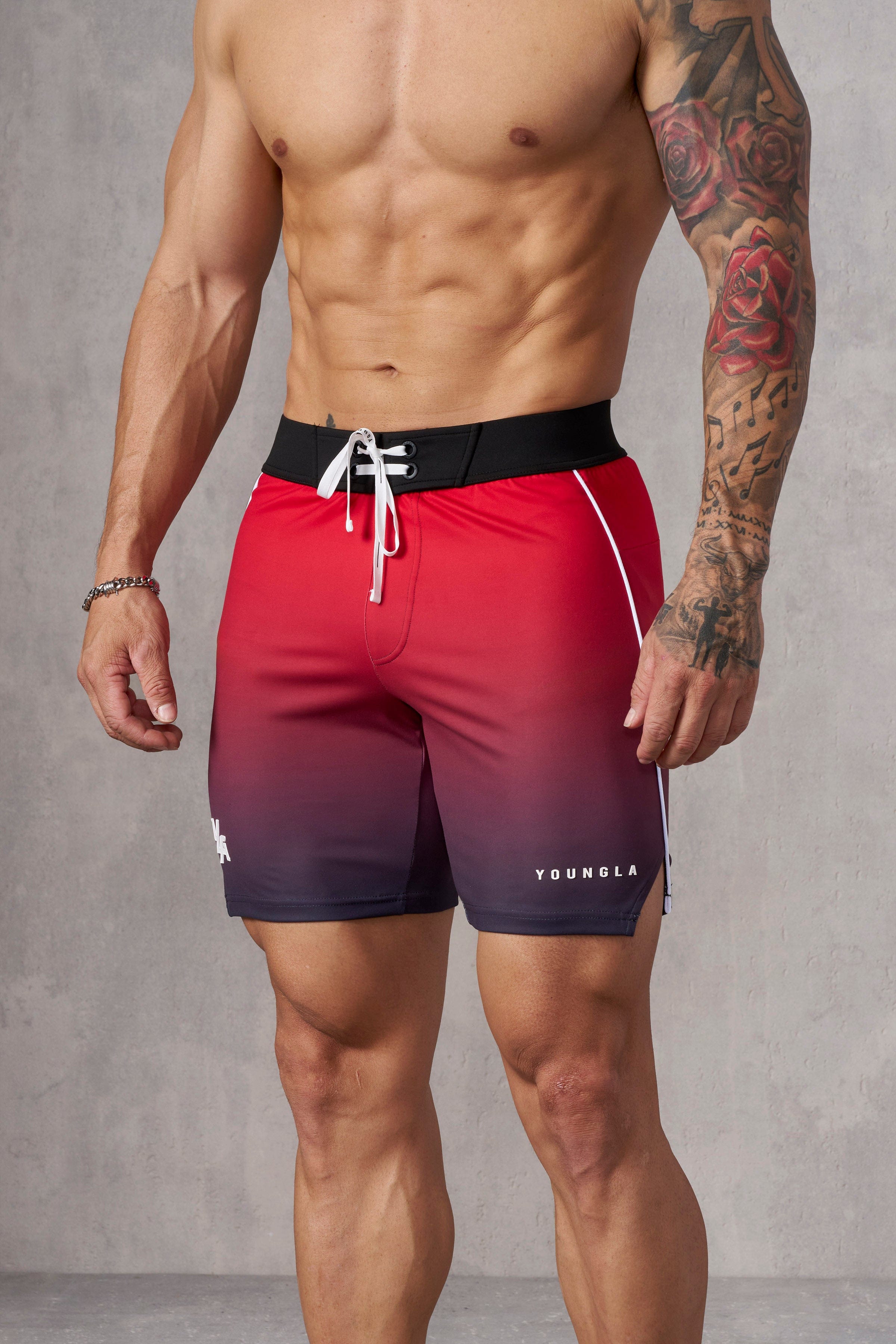 1067 - Men's physique Stage Shorts Men's Physique Stage Shorts are tailored for bodybuilding competitions with Red