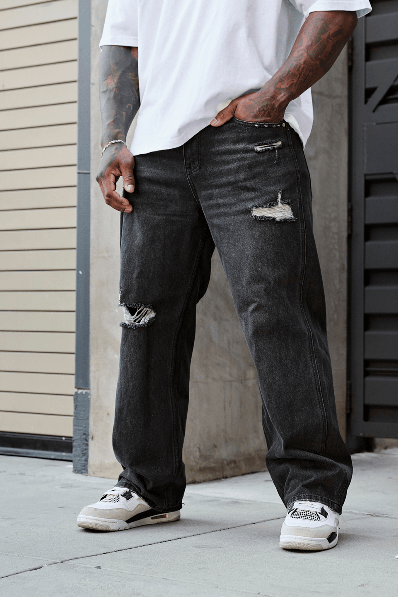 6025 - Straight Fit Ripped Jeans for mens with 415 GSM cotton with straight-leg fit in colour Black Wash