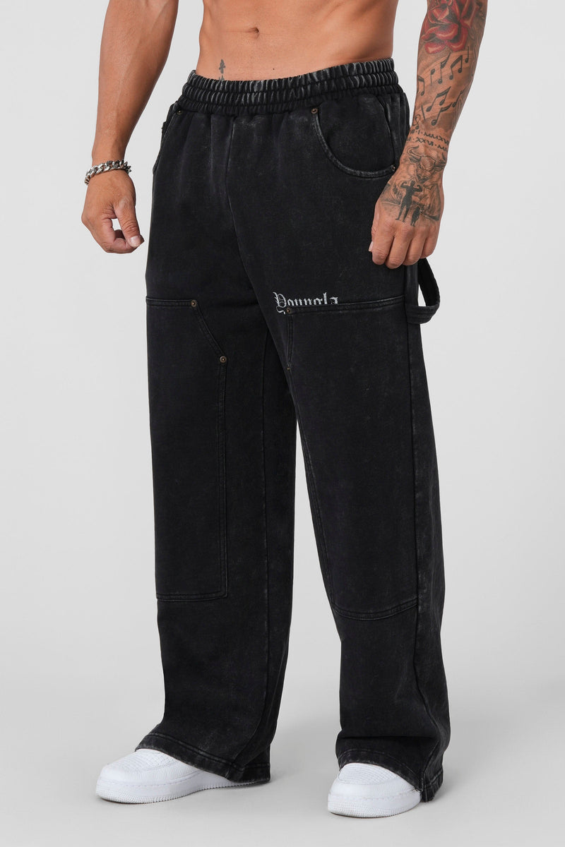 2055 - Carpenter Sweats for Men: 100% cotton heavyweight 460 GSM baggy sweats with workwear-inspired stitch lines, premium feel, and comfortable utility design in color Black wash.