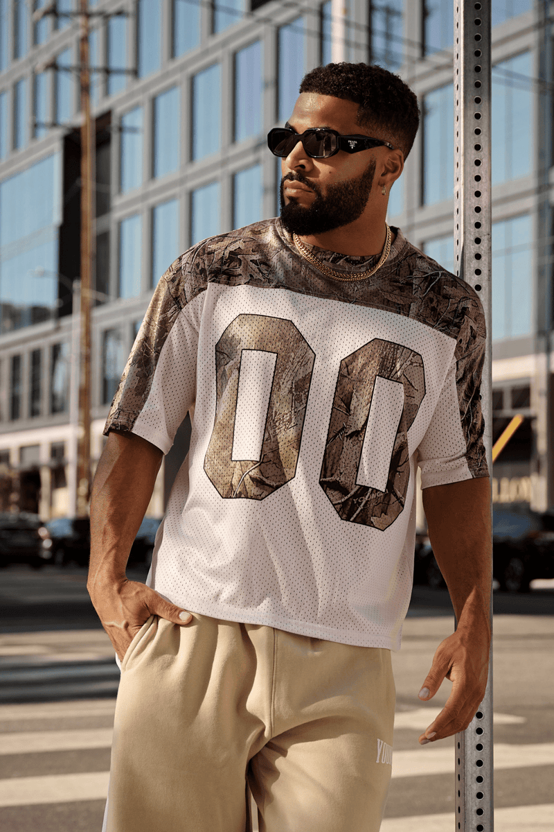 4237 - Double-Zero Jersey in 100% Mesh Polyester for retro sports vibes Double-zero numbers and bold YOUNGLA branding in colour Desert Tan Tree Camo