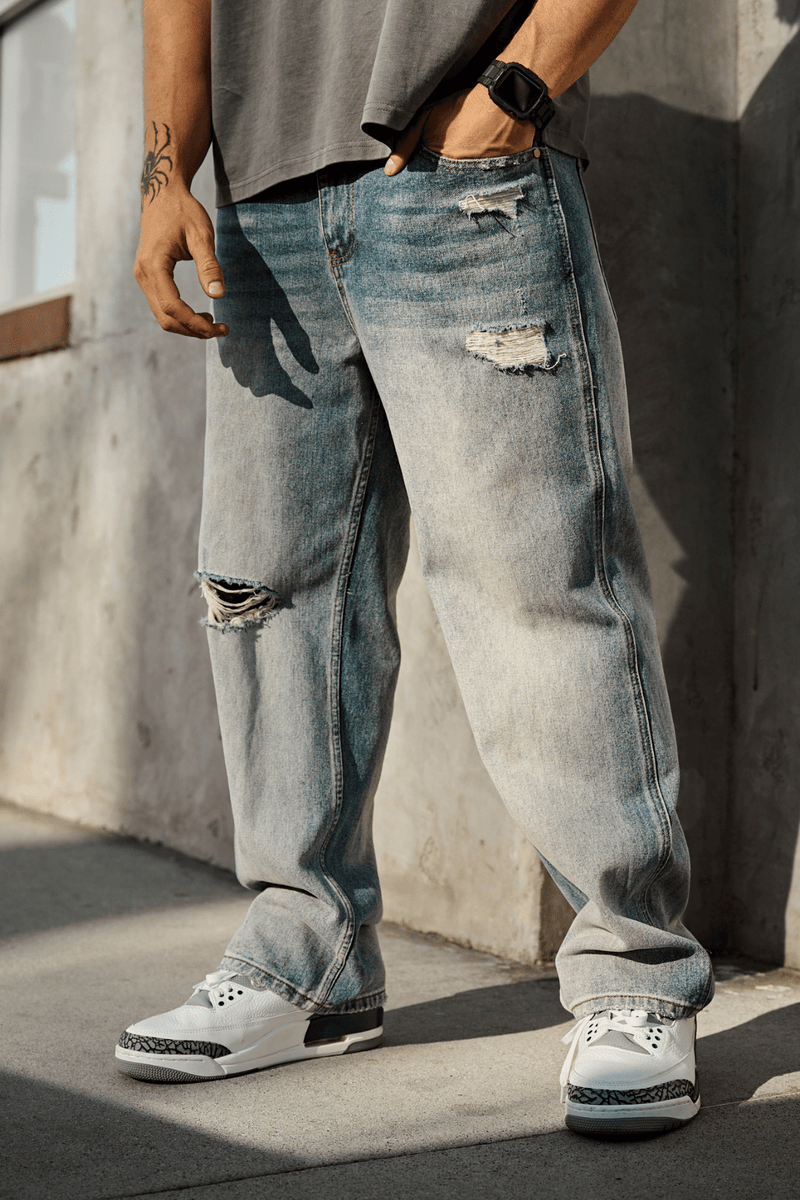 6025 - Straight Fit Ripped Jeans for mens with 415 GSM cotton with straight-leg fit in colour Blue Wash