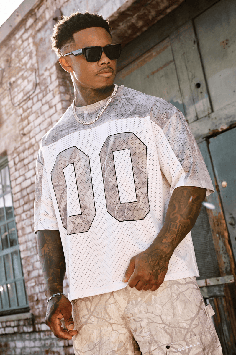 4237 - Double-Zero Jersey in 100% Mesh Polyester for retro sports vibes Double-zero numbers and bold YOUNGLA branding in colour Desert Tan Tree Camo
