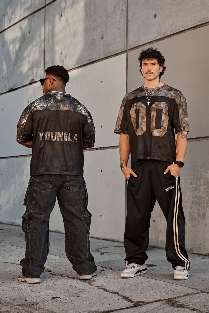 4237 - Double-Zero Jersey in 100% Mesh Polyester for retro sports vibes Double-zero numbers and bold YOUNGLA branding in colour Black Tree Camo
