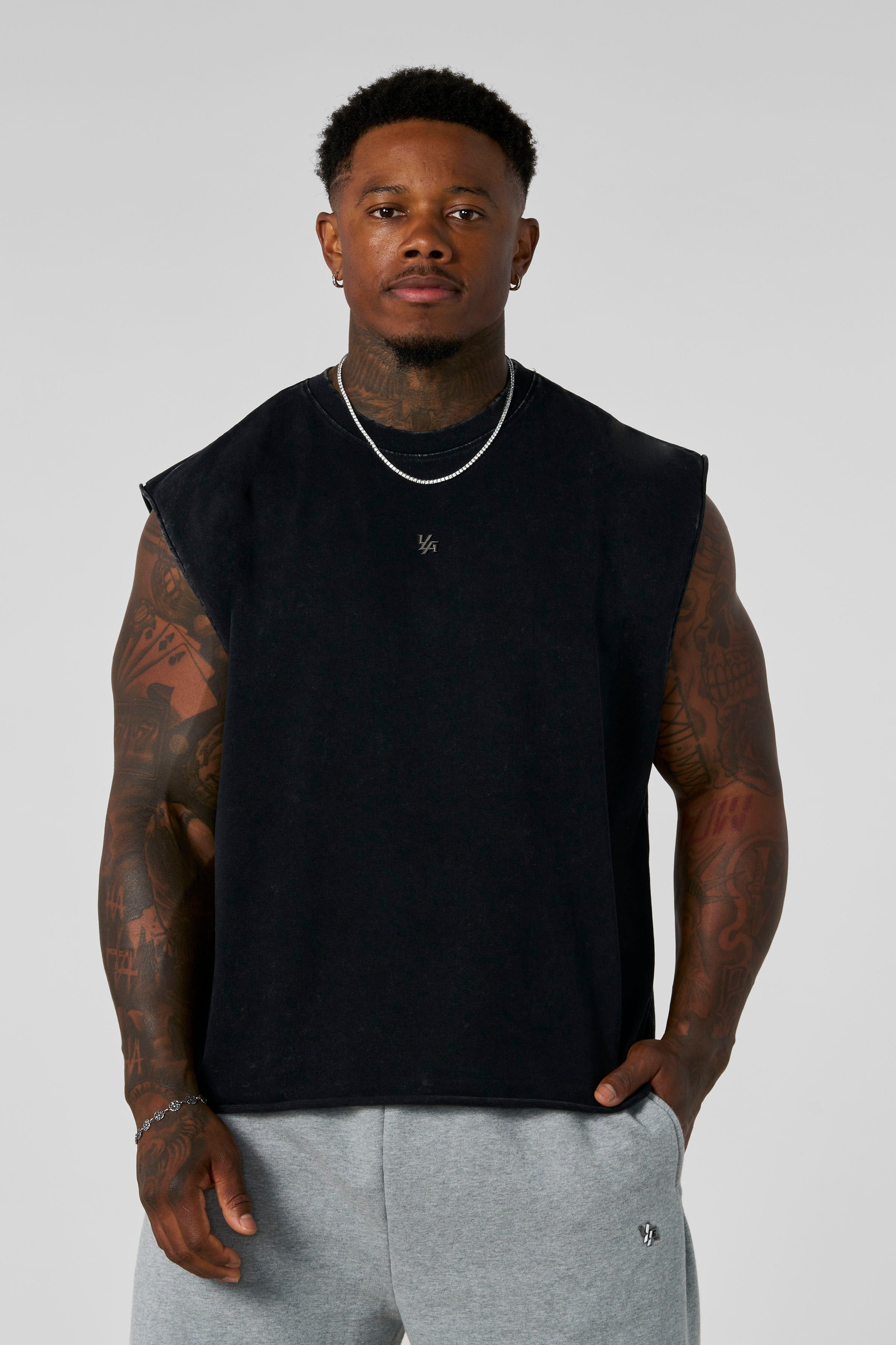 3035 - Elevated Essentials - Cut Offs for Men's - perfect for training, lounging, or warm weather wear in Black Wash