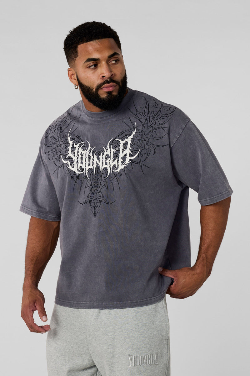 4149 - Gothic Tees for Men: Heavyweight tee with bold back graphics, clean silhouette, and all-day wearable edge in color Grey wash.
