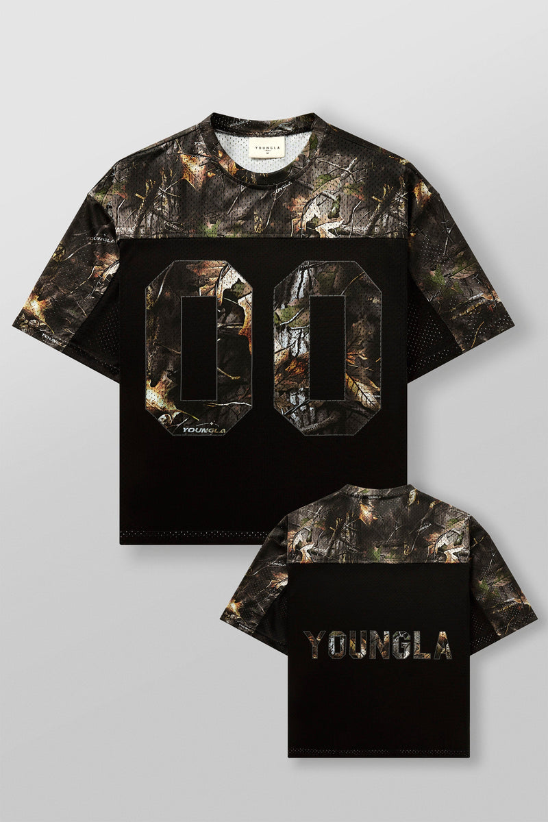 4237 - Double-Zero Jersey in 100% Mesh Polyester for retro sports vibes Double-zero numbers and bold YOUNGLA branding in colour Black Tree Camo