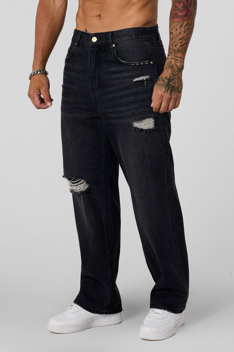 6025 - Straight Fit Ripped Jeans for mens with 415 GSM cotton with straight-leg fit in colour Black Wash