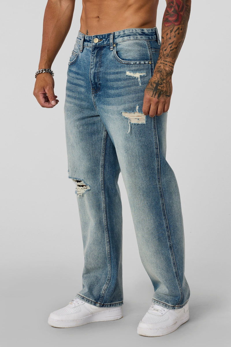 6025 - Straight Fit Ripped Jeans for mens with 415 GSM cotton with straight-leg fit in colour Blue Wash