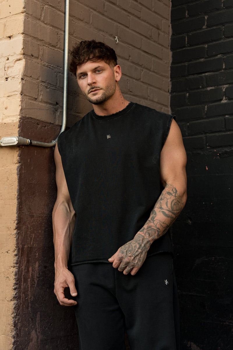 3035 - Elevated Essentials - Cut Offs for Men's - perfect for training, lounging, or warm weather wear in Black Wash