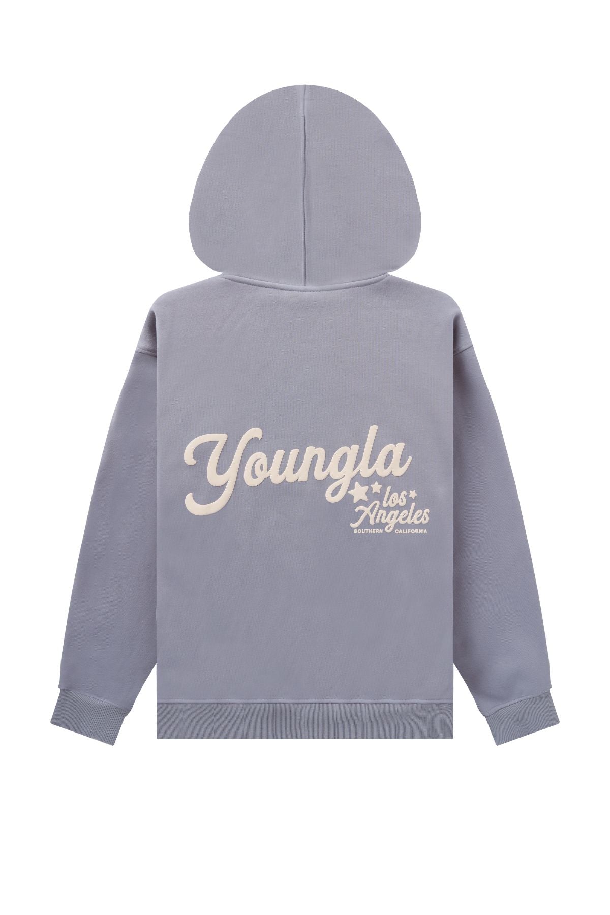 W566 Soft Serve Hoodie for women with super soft, fluffy fleece and featuring a fun puff print in Dusty Blue.