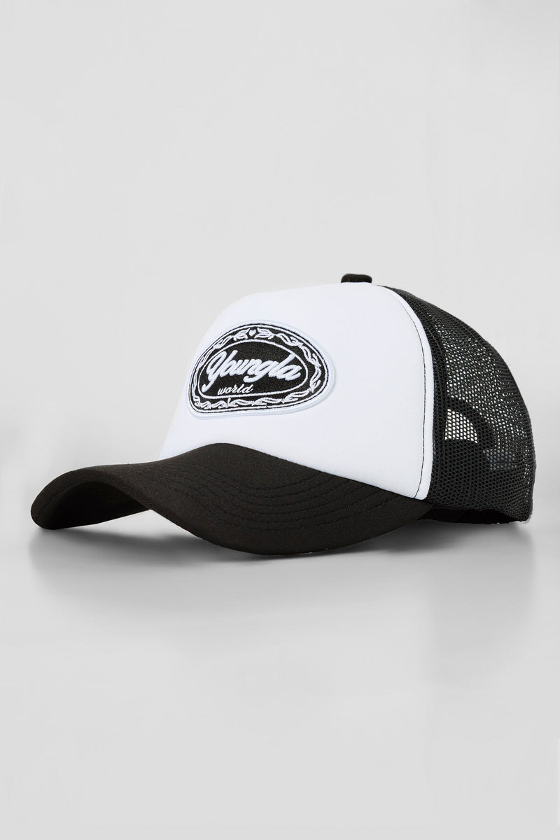 W636 Flashback Trucker Hat for Women with adjustable snapback closure for a customizable fit in color Black.