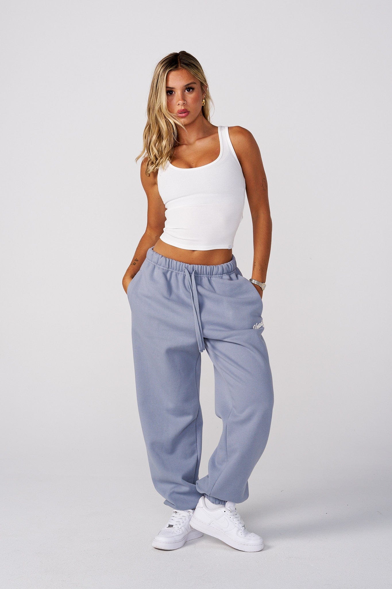W271 Soft Serve Joggers for women with Fluffy fleece joggers with a playful puff print and oversized fit in color Dusty Blue