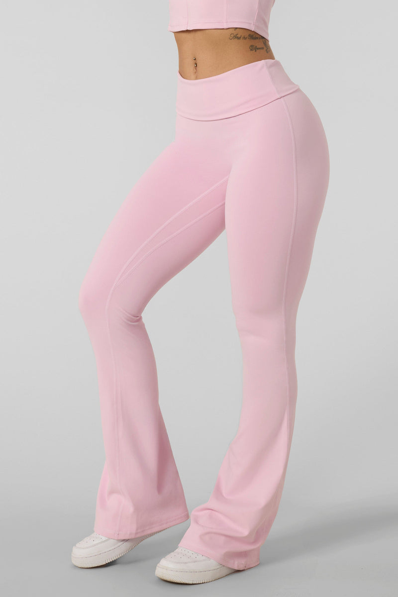 W282 Flashback Foldover Flares for women Y2K-style fold-over flare pant in color Light Pink.