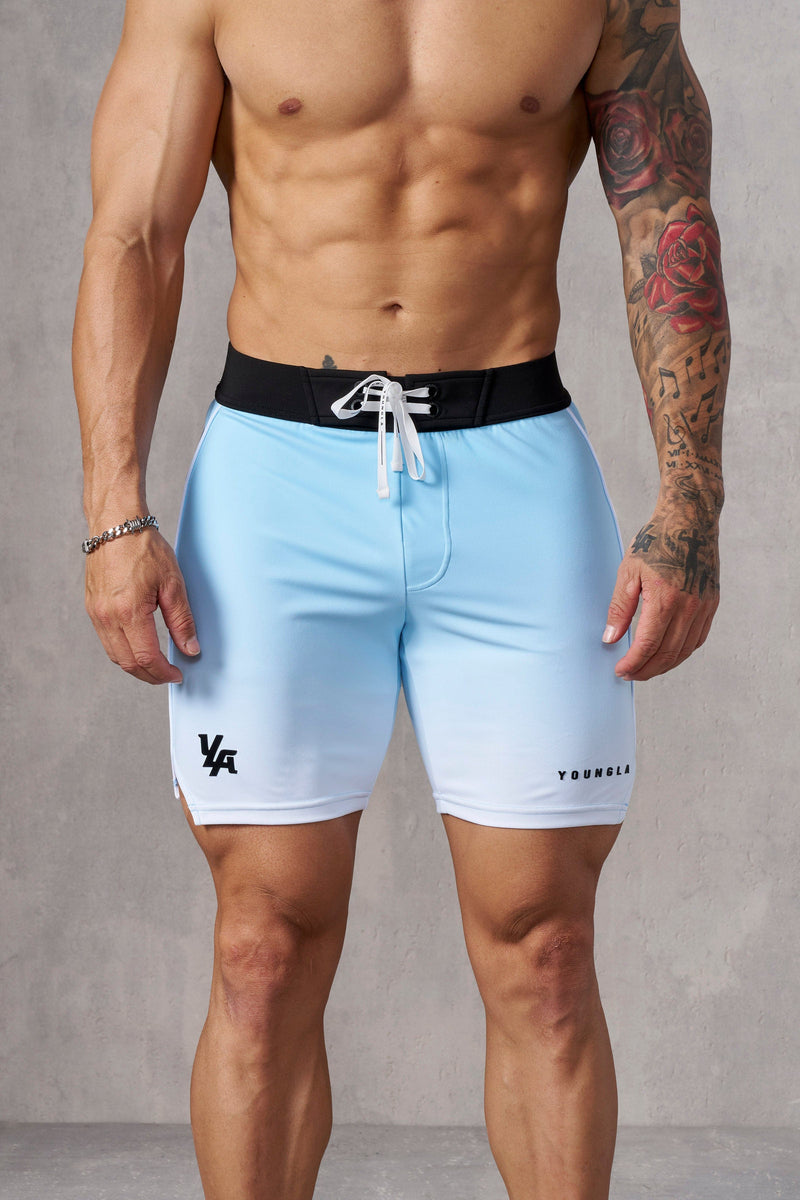 1067 - Men's physique Stage Shorts  Men's Physique Stage Shorts are tailored for bodybuilding competitions with Sky Blue