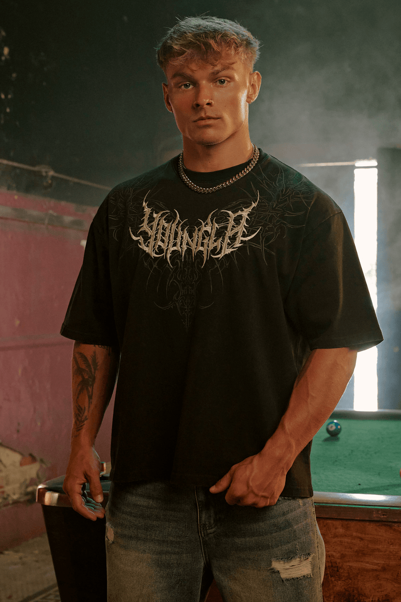 4149 - Gothic Tees for Men: Heavyweight tee with bold back graphics, clean silhouette, and all-day wearable edge in color black wash.