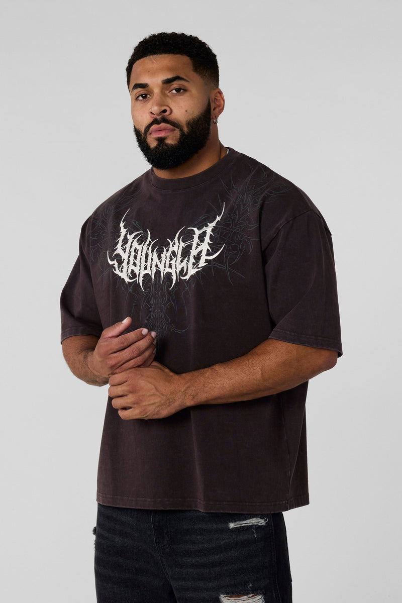 4149 - Gothic Tees for Men: Heavyweight tee with bold back graphics, clean silhouette, and all-day wearable edge in color Brown wash.