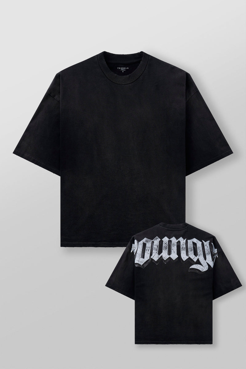 4159 - Huge Tees for Men: Bold gothic logo tee with boxy draped fit, vintage faded 100% cotton, and heavyweight presence in color Black wash.