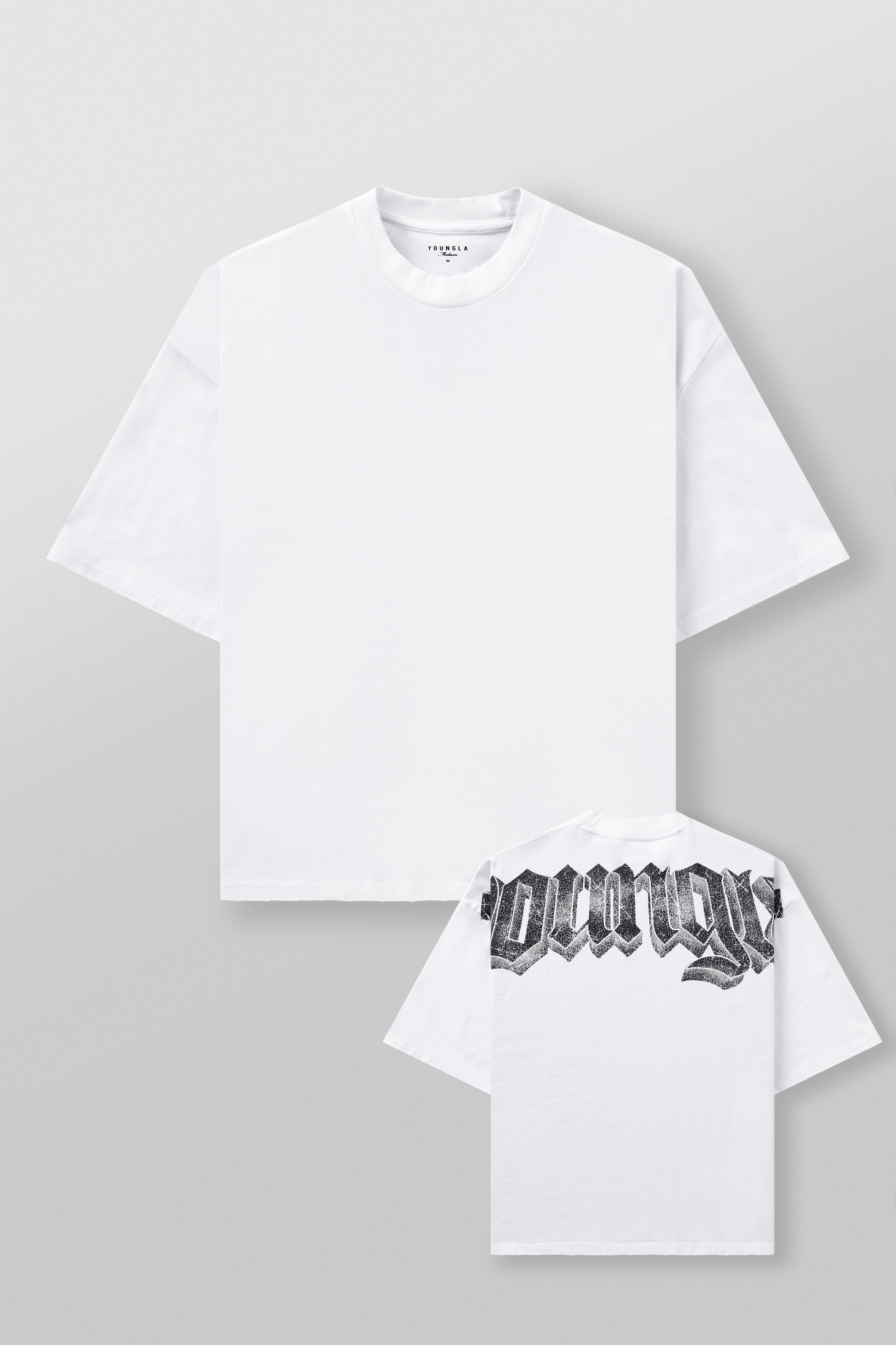 4159 - Huge Tees for Men: Bold gothic logo tee with boxy draped fit, vintage faded 100% cotton, and heavyweight presence in color White.