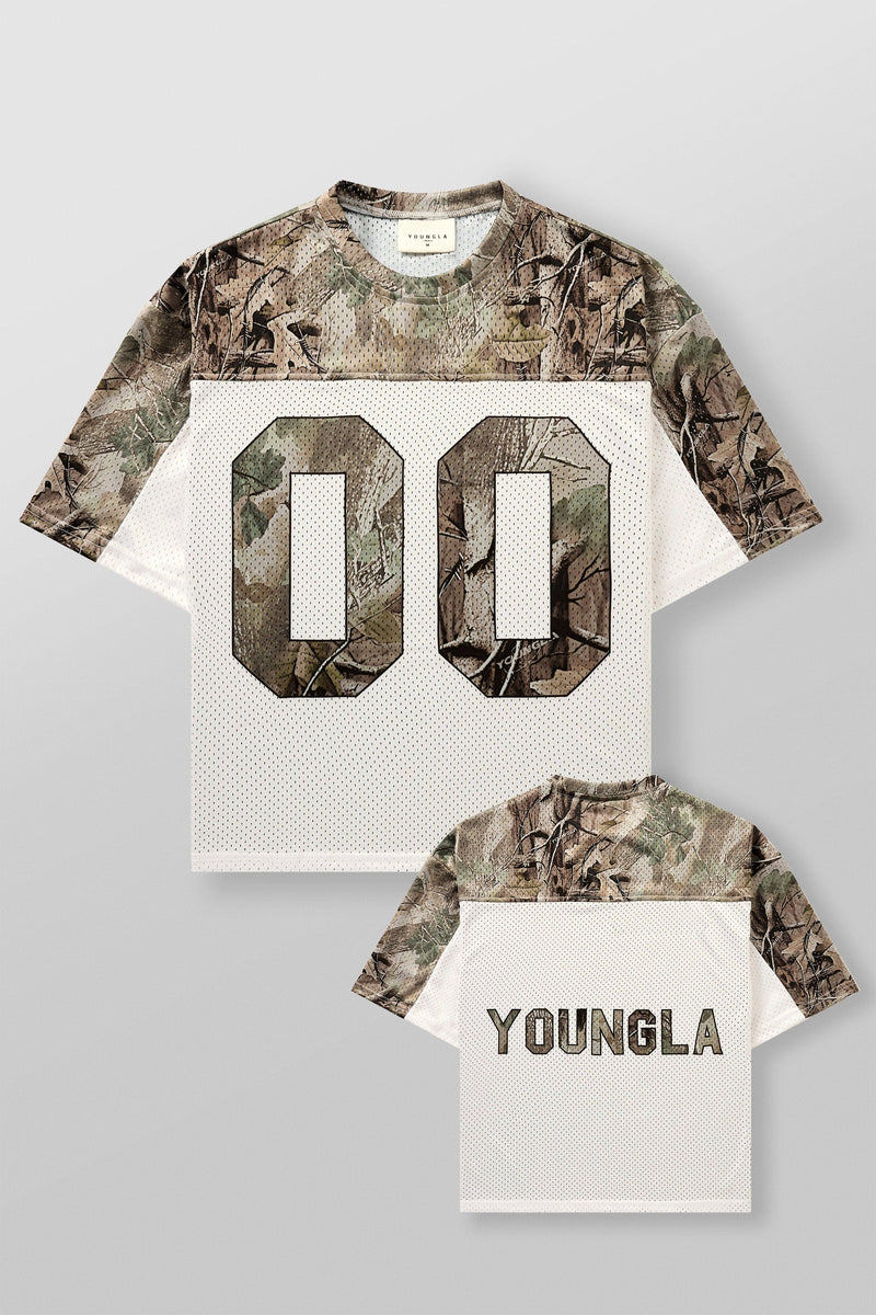 4237 - Double-Zero Jersey in 100% Mesh Polyester for retro sports vibes Double-zero numbers and bold YOUNGLA branding in colour Beige Tree Camo