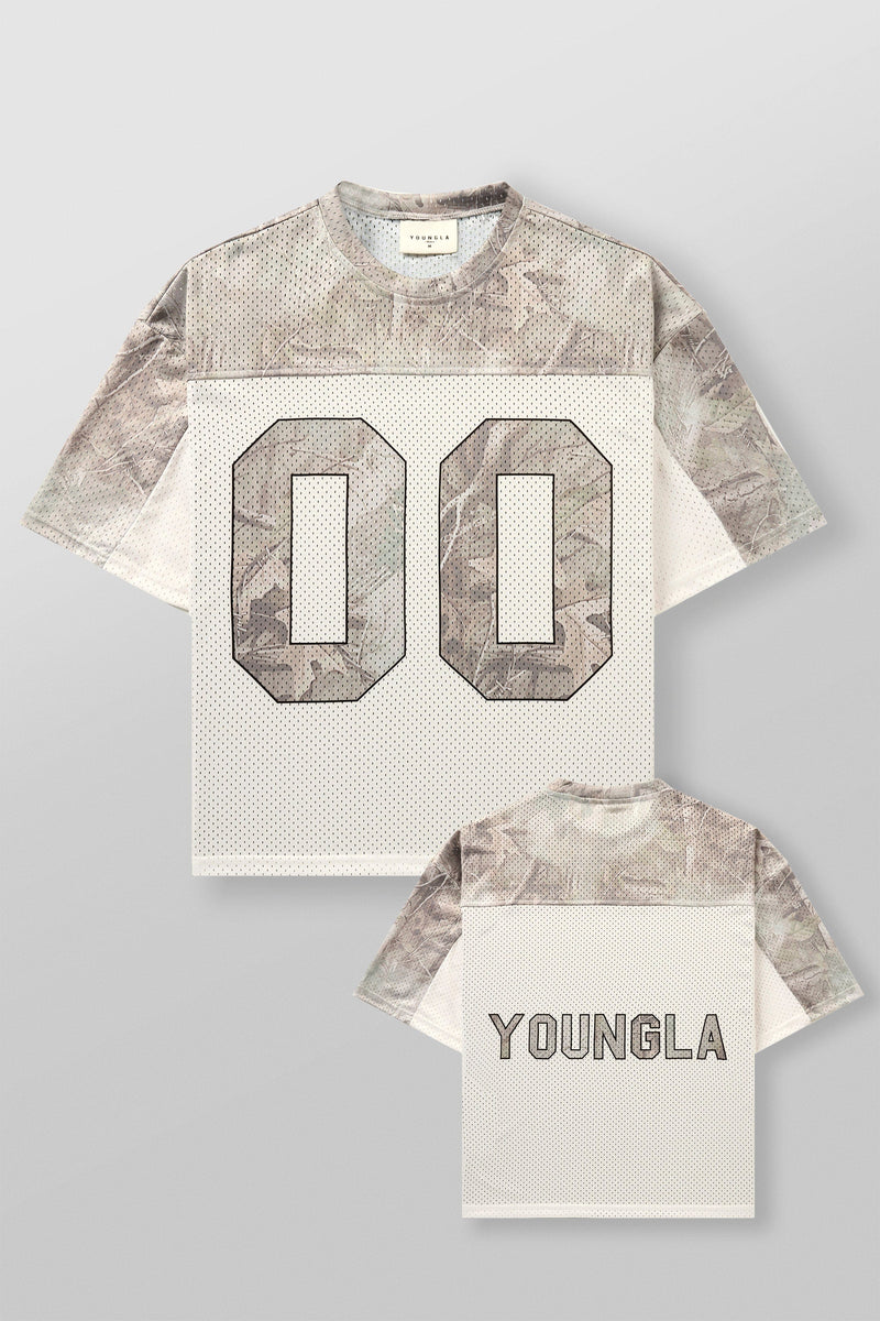 4237 - Double-Zero Jersey in 100% Mesh Polyester for retro sports vibes Double-zero numbers and bold YOUNGLA branding in colour Desert Tan Tree Camo