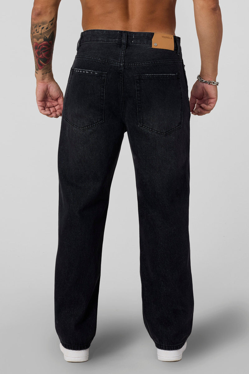 6025 - Straight Fit Ripped Jeans for mens with 415 GSM cotton with  straight-leg fit in colour Black Wash - Back View
