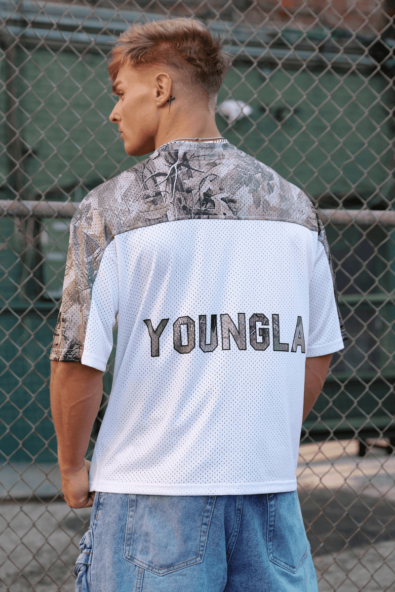 4237 - Double-Zero Jersey in 100% Mesh Polyester for retro sports vibes Double-zero numbers and bold YOUNGLA branding in colour Desert Tan Tree Camo