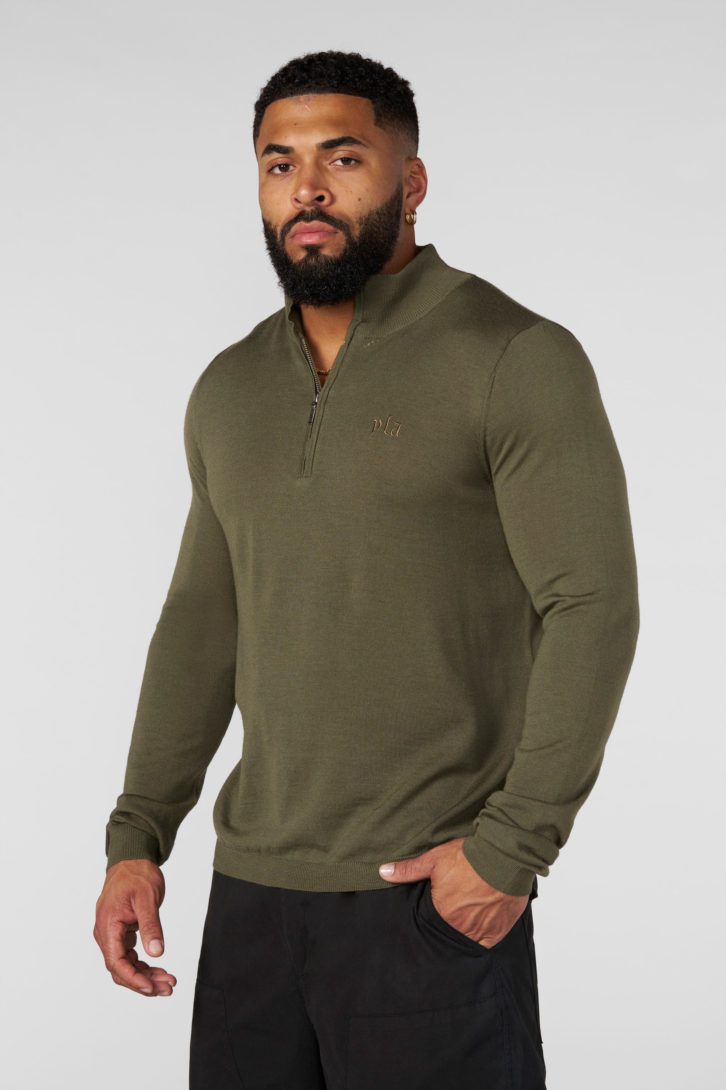 AMERICANA THERMAL BACK HENLEY NECK カーキ 8048 - Monaco Wool Quarter-Zip Sweaters
