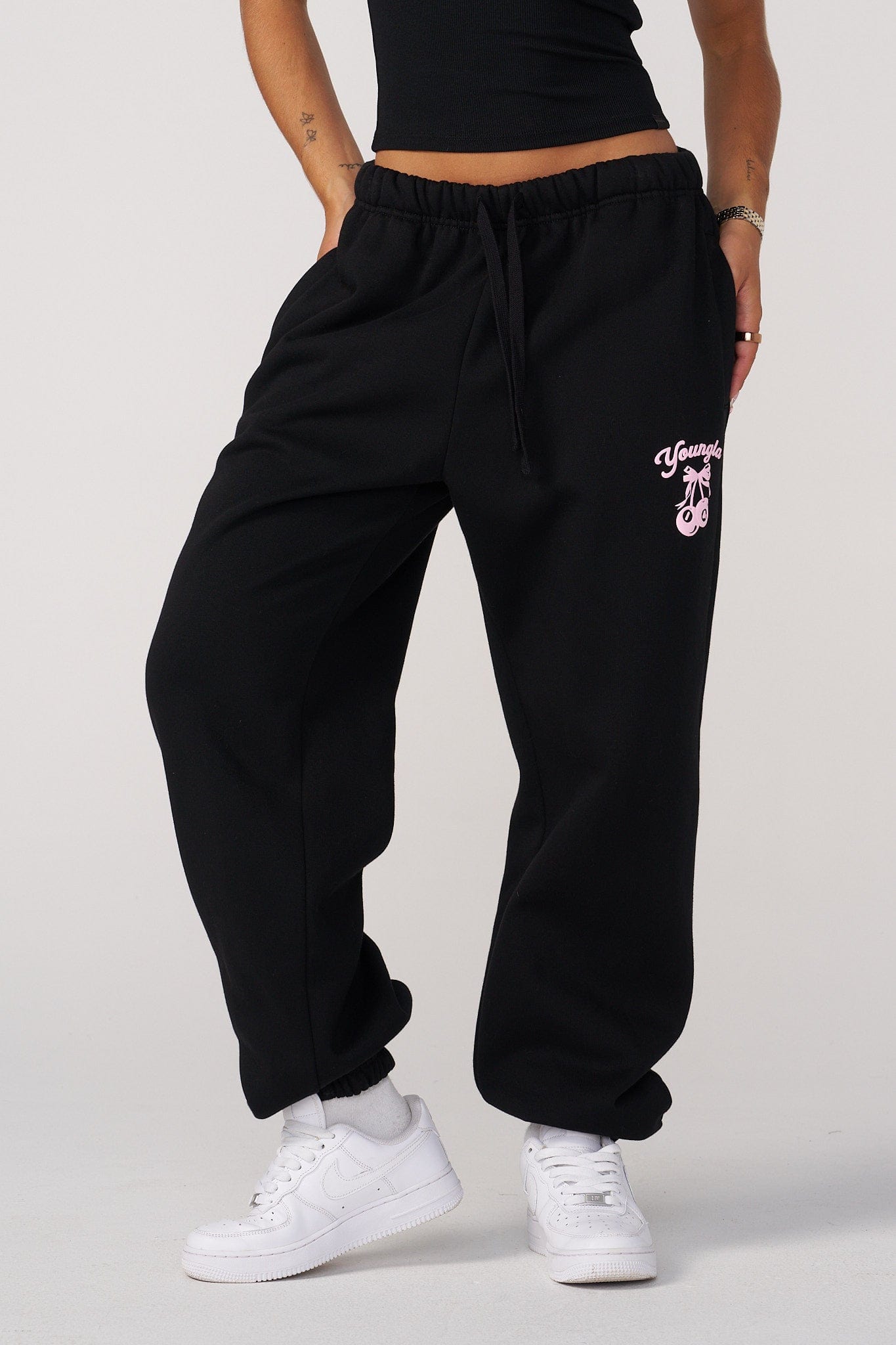 W271 Soft Serve Joggers for women with Fluffy fleece joggers with a playful puff print and oversized fit in color Black.