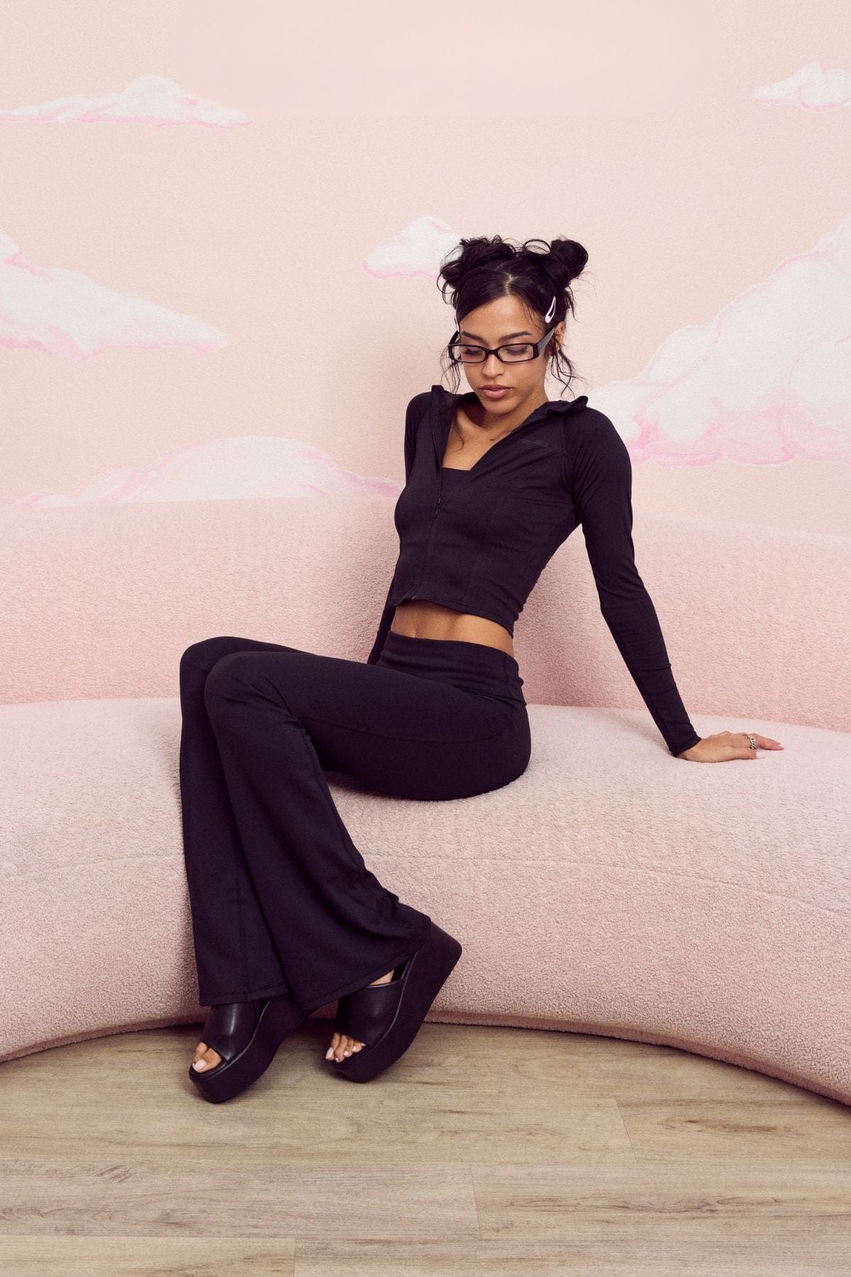 W282 Flashback Foldover Flares for women Y2K-style fold-over flare pant.