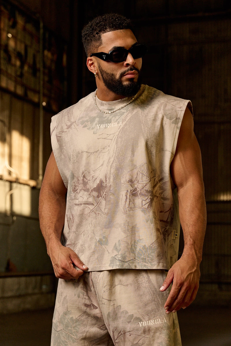 3067 - Tree Camo Collection - Cut Offs for Men's - Crafted from heavyweight terry in Desert Tan 