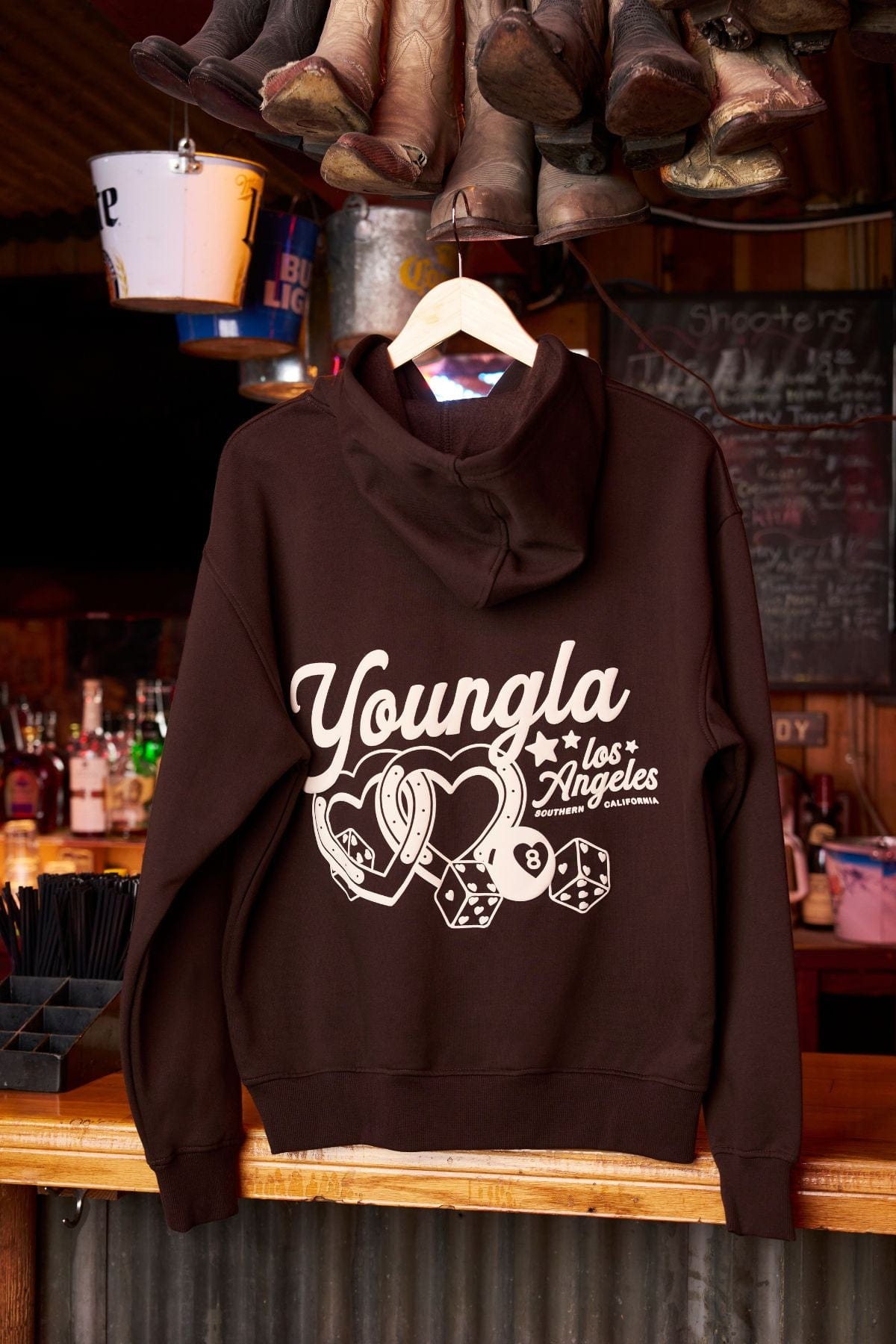 W566 Soft Serve Hoodie for women with super soft, fluffy fleece and featuring a fun puff print in color Brown