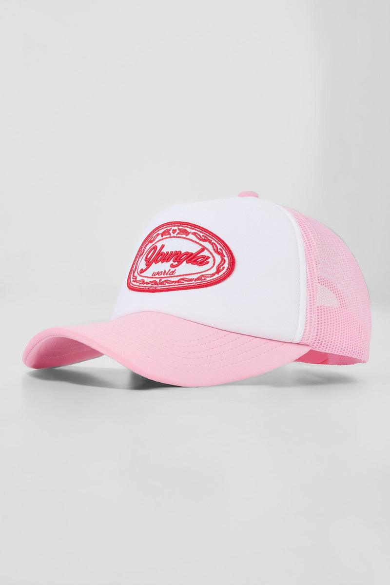 W636 Flashback Trucker Hat for Women with adjustable snapback closure for a customizable fit in color Light Pink